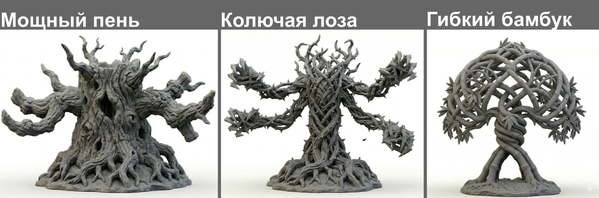 Три типа кастомных миниатюр, созданных с помощью AI: мощный пень, колючая лоза и гибкий бамбук.