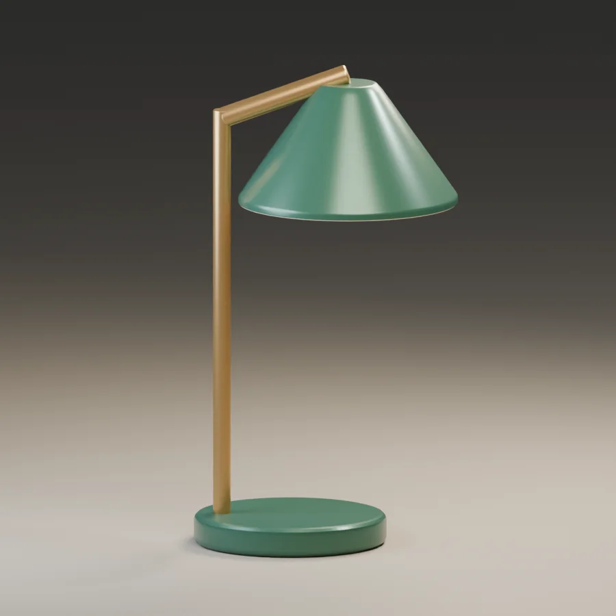 Настольная лампа с зеленым абажуром и золотой подставкой, созданная в Blender.