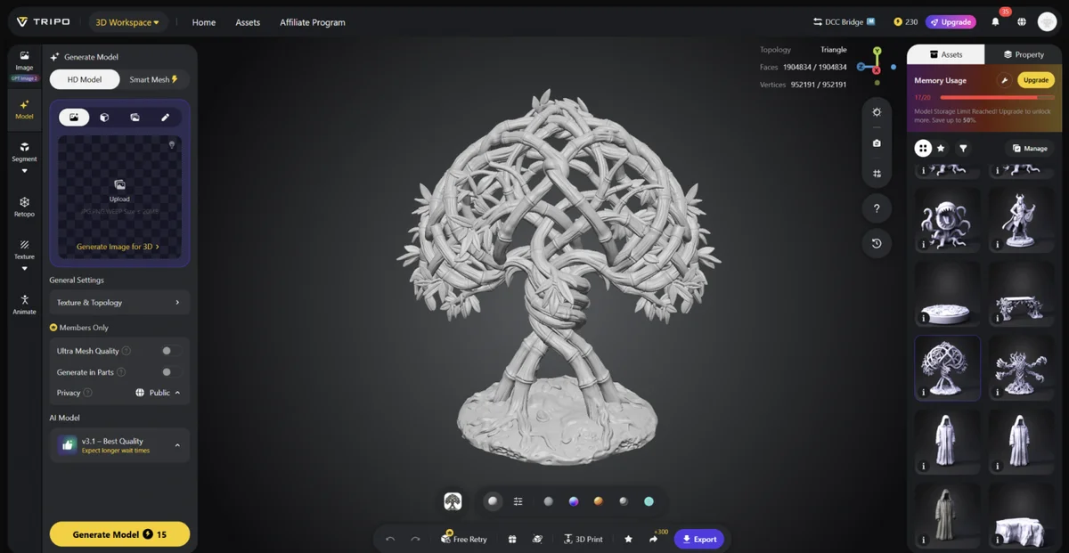 Интерфейс программы TRIPO с опцией генерации 3D-модели по изображению.