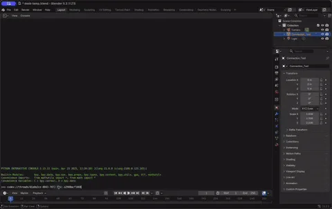 Скриншот программы Blender с открытым интерактивным консольным окном, показывающий код Python и настройки объекта.