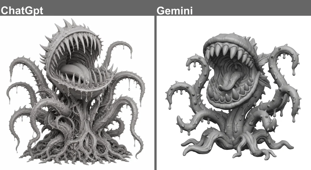 Сравнение 3D-моделей монстров, сгенерированных ChatGPT и Gemini