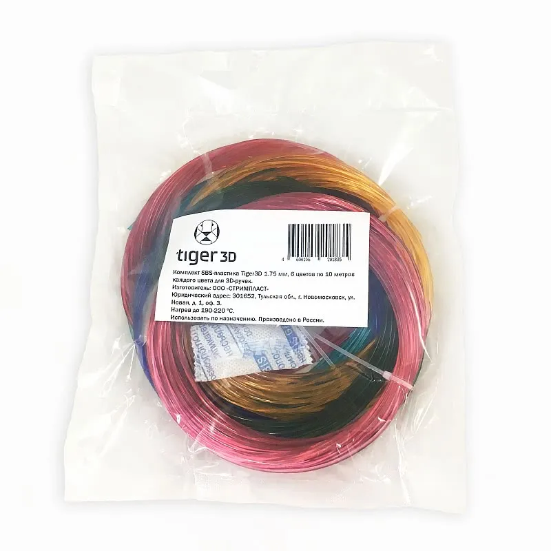 Комплект SBS пластика Tiger 3D 1.75 мм для 3D ручек, 6 цветов по 10 метров каждого цвета